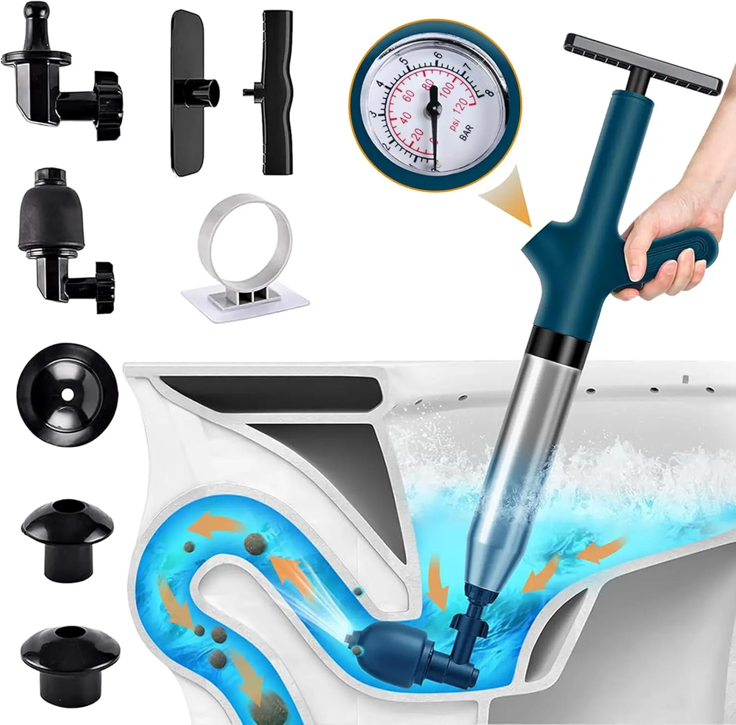Toilet Plunger with Pressure Gauge, 1 Set High Pressure Toilet Plunger with Accessories, Air Drain Blaster for Toilet, Bathroom, Kitchen Sink, Floor Drain Clog Remover, Home Goods, Bathroom Accessory, Holiday