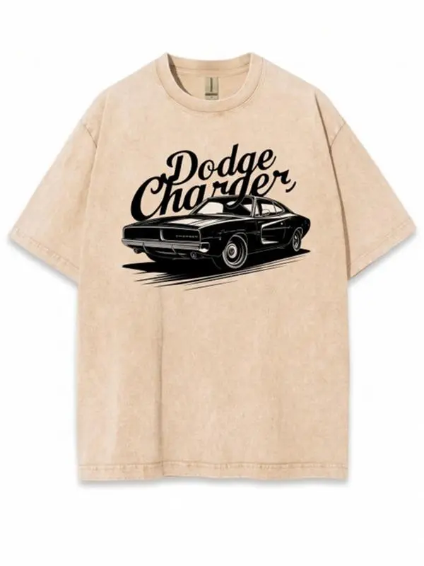 Vintage Dodge Charger Graphic T Shirt Men Oversized Washed Cotton Tee Classic Muscle Car Print Shirt Retro American Streetwear Y2K Fashion Acid Wash Short Sleeve Top Casual Car Lover Gift Trendy Summer Outfit