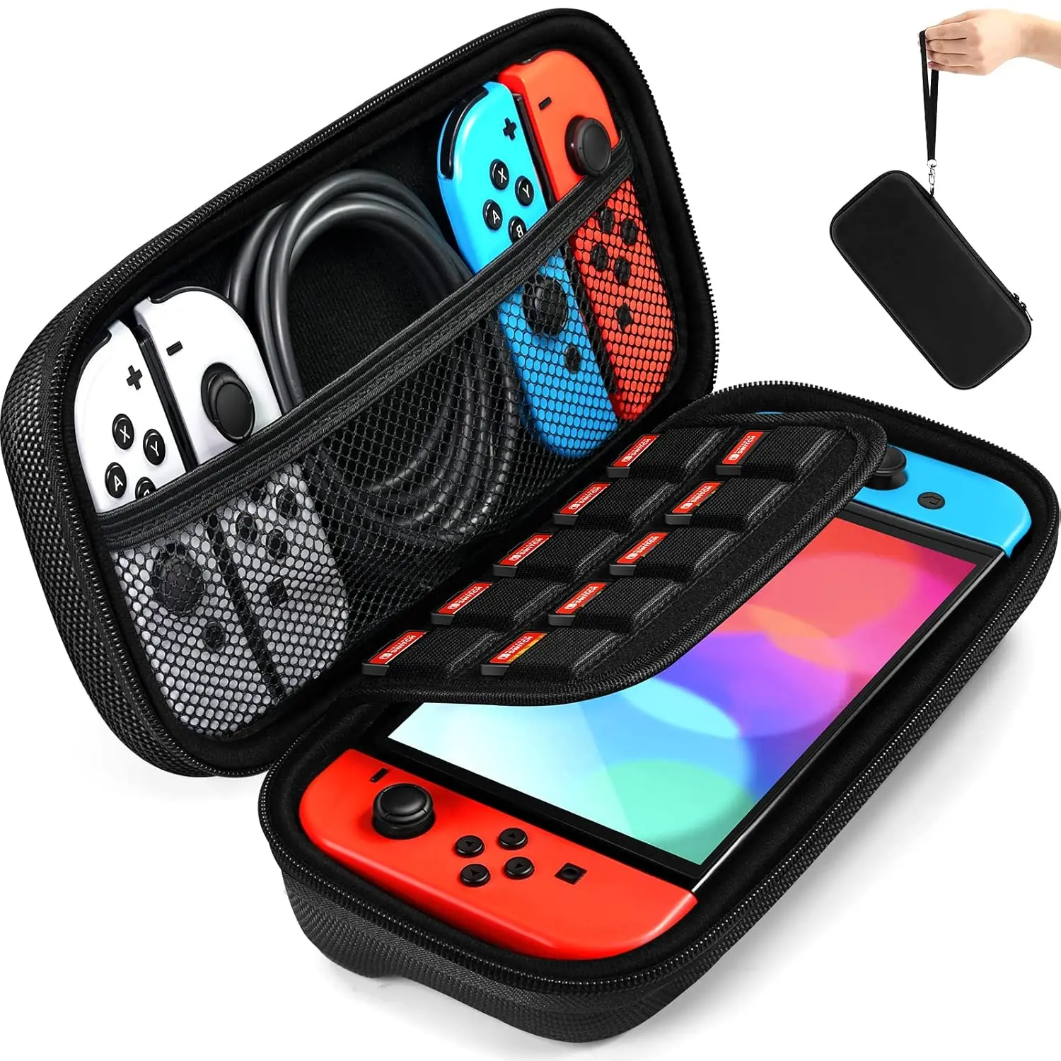P-PCS08     Carrying Case for Nintendo Switch and NEW Switch OLED Model(2021),Portable Hard Shell Pouch Carrying Travel Game Bag for Switch Accessories Holds 10 Game Cartridge (Black)