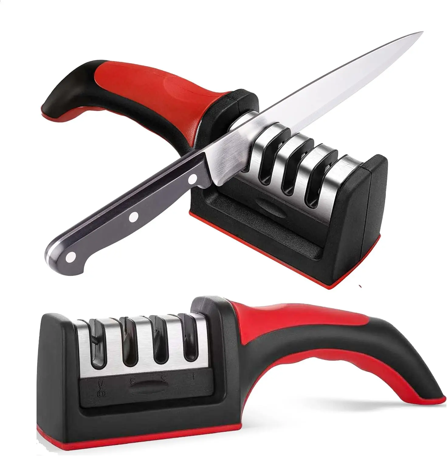 4-Stage Professional Ergonomic Kitchen Knife Sharpener - Durable Tool for Stainless Steel, Plastic, Ceramic & Rubber Knives, Repairs, Restores, Polishes Blades via 4 Slots for Home Kitchenware