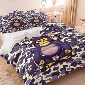 Bape Light Purple Camouflage Duvet Cover Set, Rounded Purple Furry Ape Figure, Comfortable Bedding, Street Style Bedroom Decor, Gift for Streetwear Enthusiast, 1 Duvet Cover & 1-2 Pillowcases (no Pillows), Comfy Bed Sets
