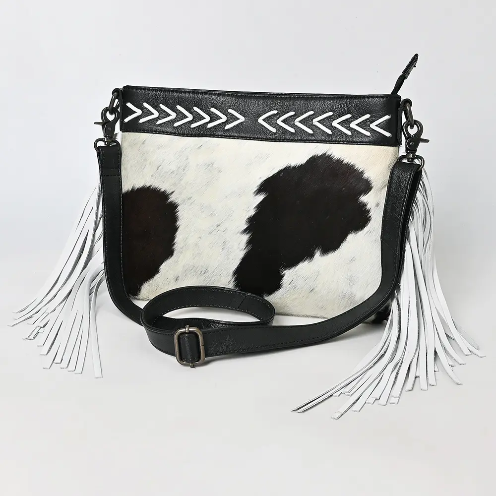 American Darling Hair-On Cowhide Western Crossbody Bag with Fringes, Genuine Leather Strap, Vegetable-Tanned Leather & YKK Zipper