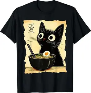 Funny Cat Ramen Graphic Tee Japanese Kawaii Anime Cat T-Shirt