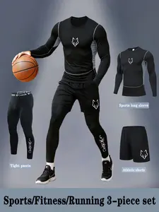 3-Piece Sports Set, Breathable Mesh Compression Long Sleeve Top, Quick-Dry Tight Pants, Side Pocket Shorts, Ideal for Running, Basketball, Hiking