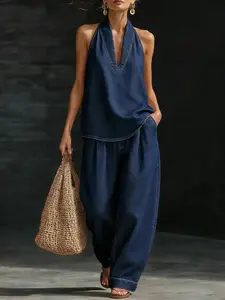 [Printed Pants - Not Denim Fabric] Summer New Retro Washed Vintage Look Faux Denim Set Popular Straight Casual Pants for Women