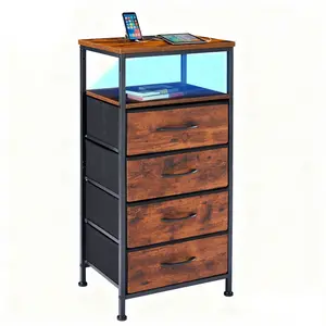 5 Fabric Drawer Bedside End Table Featuring All-In-One Charging Station, Equipped with USB-C Ports, USB Interfaces and Power Outlets for Bedroom Use