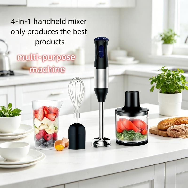Electric immersion handheld mixer, portable stick mixer with 5 mixing speeds, and a meat grinder with stainless steel blades, suitable for meat, vegetables, fruits, and baby food