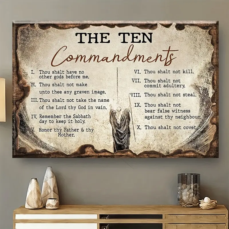2D Flat 1pc Decorative Patterns On Office Supplies Retro Canvas Walls Jesus Painting Wooden Background The Ten Commandments Wall Art Canvas Motivational Wall Decor - Ready to Hang