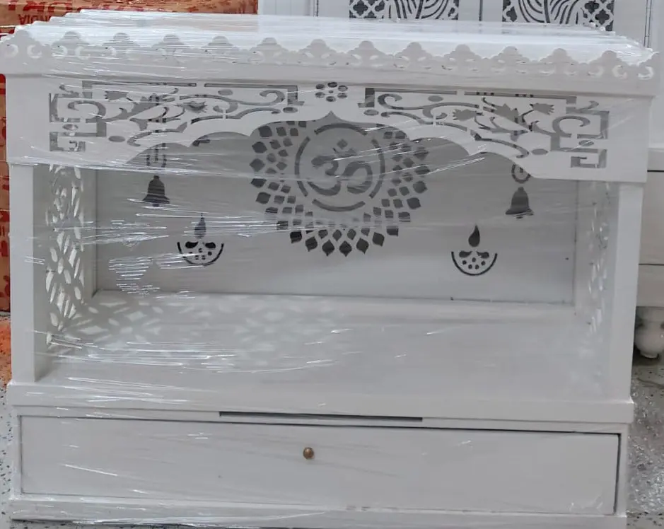 White Wooden Temple Altar with Drawer - LED Lights Decorated Sculptural Bedside Table for Indoor Furniture Use, Decorated Bedside Tables, Sculptural Bedside Tables
