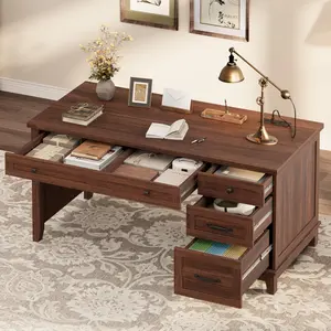 Farmhouse 53.5" Executive Desk with Drawers – Wood Home Office Writing Table – Built-in Power Outlets & Adjustable File Cabinet – Distressed Finish