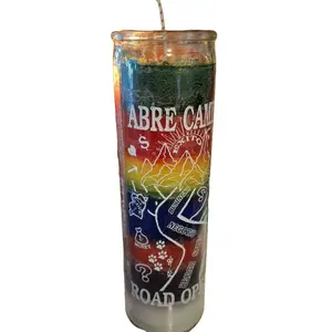 Road Opener Candle - Abre Camino Design with Colorful Elements and Text Details