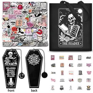 Stationery Set, 1 Set Including 60pcs Book Sticker & 1 Count Skeleton Bookmark & 1 Count Canvas Tote Bag, Bookish Stickers for Kindle, Water Bottle, Laptop, Halloween