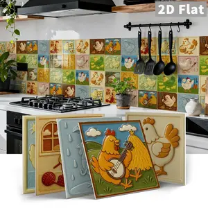 12/24 PCS per Gift Box | ART PE Crystal Tile Stickers | Retro Country Style Fun Chicken Embossed (Banjo Playing, Baking, Farm Scenes) | Waterproof & Oil-Proof Self-Adhesive Tile Stickers for Kitchen, Bathroom, Floor, Ceiling, Tiles & Old Wooden Surfaces |