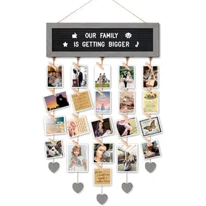Slotted Felt Letter Board with 340 Letters and 30 Clips - Rustic Picture Frames Collage Wall Decor Sign - Multi Photos Cards Organizer 15.7x5 Inches (Grey)