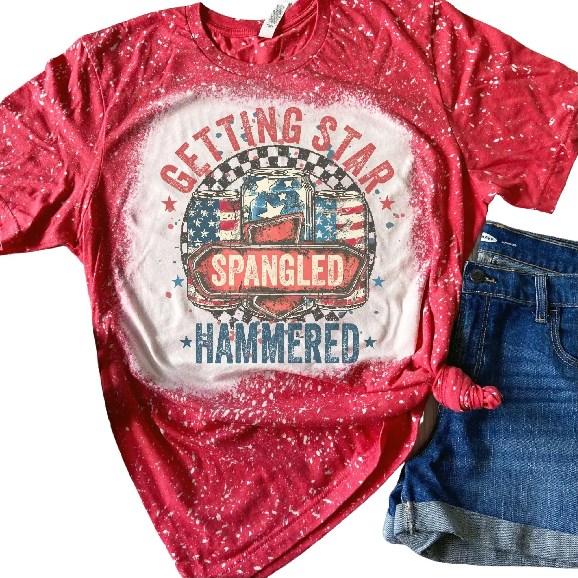 4th of July - Getting Star Spangled Hammered Bleached Shirt Comfy Unisex Jersey Top Casual Vintage Style Short Sleeve Crew Neck Medium Length
