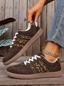 Women's Dark Orange Suede-Linen Leopard Print Lace-Up Low-Top Retro Sneakers Breathable Two-Tone Casual Shoes Daily Commute Footwear Comfortable Walking Shoes Vintage Style Fashion Trainers Chunky Sole Platform Sneakers