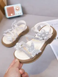 Girls' Summer Sandals Princess Style Water Drill Butterfly Pearl Sweet Fashion Shoes, Low Top PU Rubber Sole, New 2026 Design