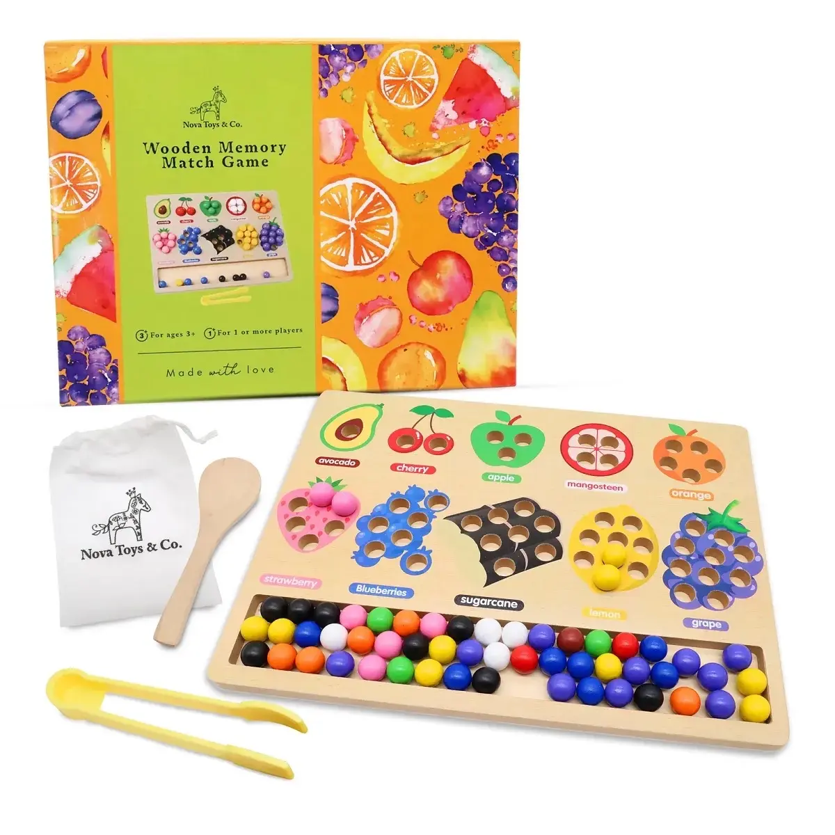 Nova Toys & Co. Colorful Sorting Beads  Sensory Game Board – Fruit Sorting Wooden Montessori Toys Toddler Learning Toys for Toddlers 3-5 Years – Safe and Durable Preschool Toys for Motor Skills, Color Recognition