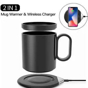 Smart Coffee Mug Warmer and Phone Charger 18 W, 2 in 1 Waterproof, 55℃ Electric Heating,Ceramic Mug, Ideal for Office Desk black , white Reuse Washable Cup Drinkware Reusable