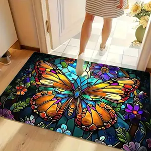 Stained Glass Butterfly Floral Welcome Mat Non Slip Indoor Entryway Doormat for Front Door Bedroom Living Room Easy Clean Thick Durable Floor Mat Holiday Decor Christmas Thanksgiving Gift