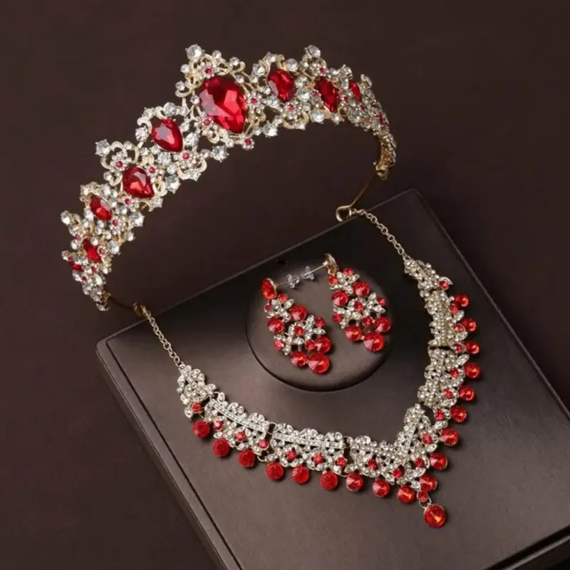 Beautiful and elegant red and gold crown and jewelry set. Upgrades any look!