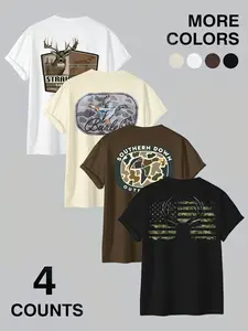 4-Pack Men's Hunting Pattern T-Shirt Set, Duck and Deer Camo Print Casual Short Sleeve Tees, Multiple Colors, Loose Fit, Daily Wear