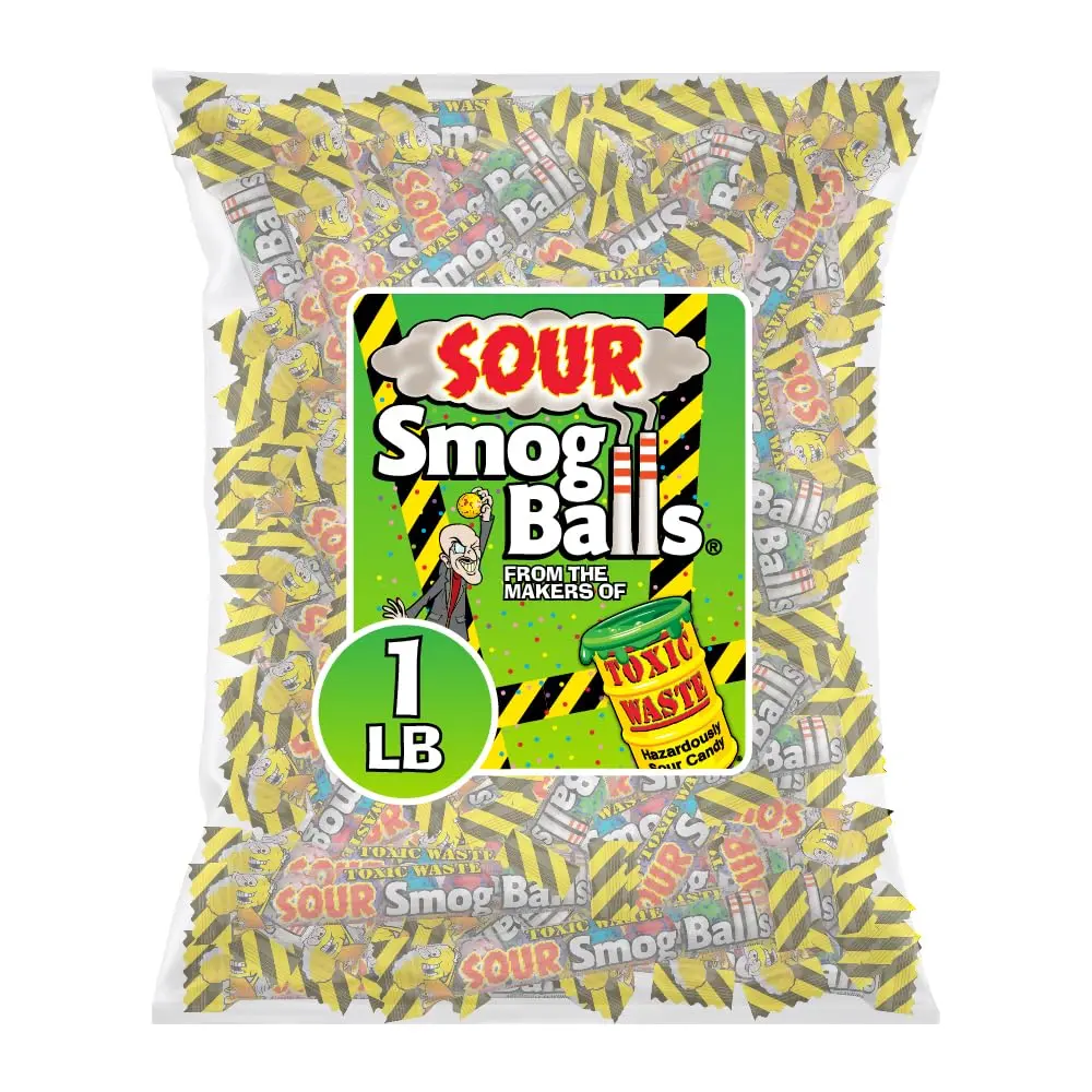 TOXIC WASTE - Sour Smog Balls - Crunchy & Chewy Sour Balls - Shooter Packs - Lime, Cherry, Strawberry, Lemon, Blue Raspberry, & Grape Flavors - 1 lb. Bag