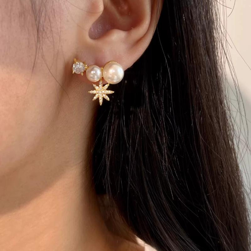 Sparkling Zircon Octagram Pearl Earrings Light Luxury High-End Jewelry Gift shell pearl