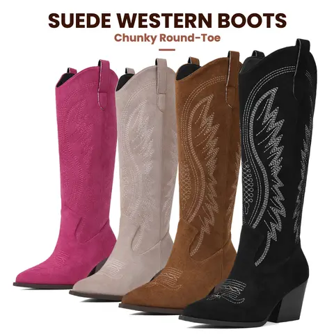AOSPHIRAYLIAN Women's Western Suede Cowboy Boots - Mid Calf, Almond Toe, Chunky Heel, Embroidered Pull-On, All Seasons, Western Ranch Boot, Every Occasion, Country Girl Aesthetic, Cowgirl & Outlaw Style, Outdoors (Red/Black/Brown)