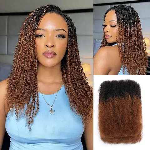 QVR Female Volumizing Afro Kinky Bulk Human Hair Extensions & Pieces for Braiding, Ombre Brown #T1B-30 Kinky Curls with Versatile Hair Extension Styles