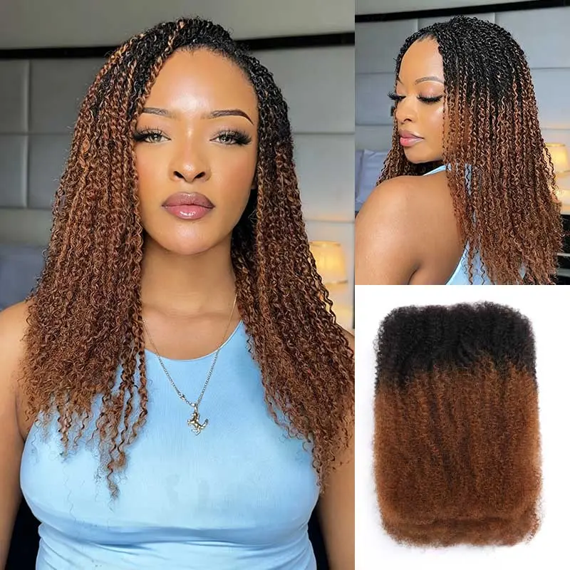 QVR Female Volumizing Afro Kinky Bulk Human Hair Extensions & Pieces for Braiding, Ombre Brown #T1B-30 Kinky Curls with Versatile Hair Extension Styles