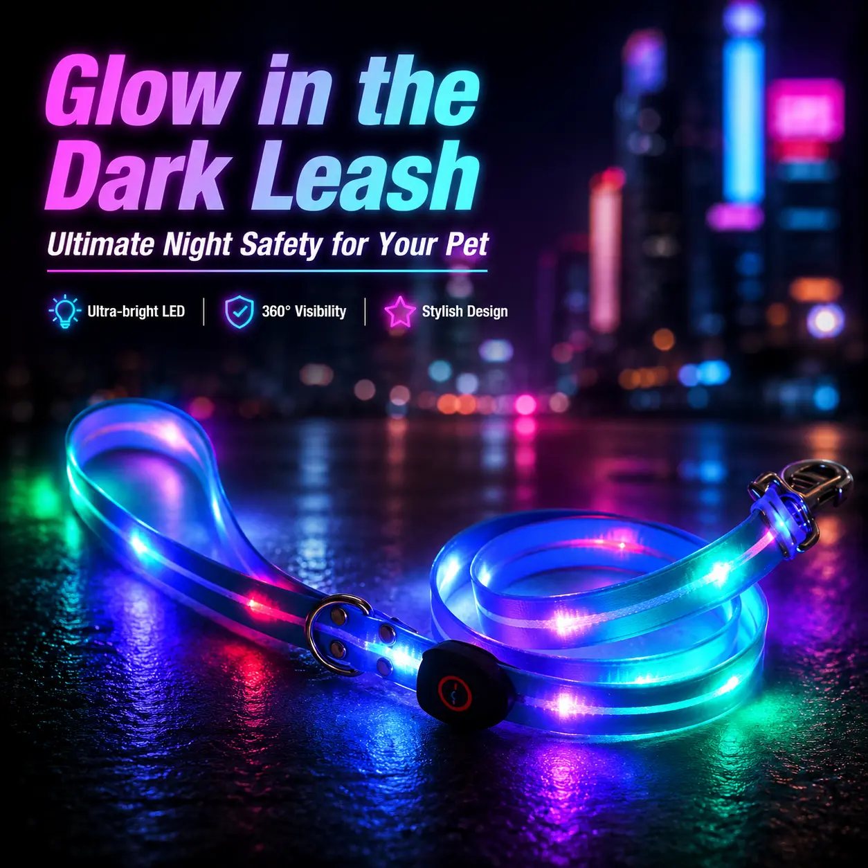LED Dog Leash Glow in the Dark - Multi-Color Light Up Pet Lead for Night Walking Safety, 360° High Visibility Luminous Dog Leash, Weatherproof Flexible Silicone Pet Gear for Small Medium Large Dogs