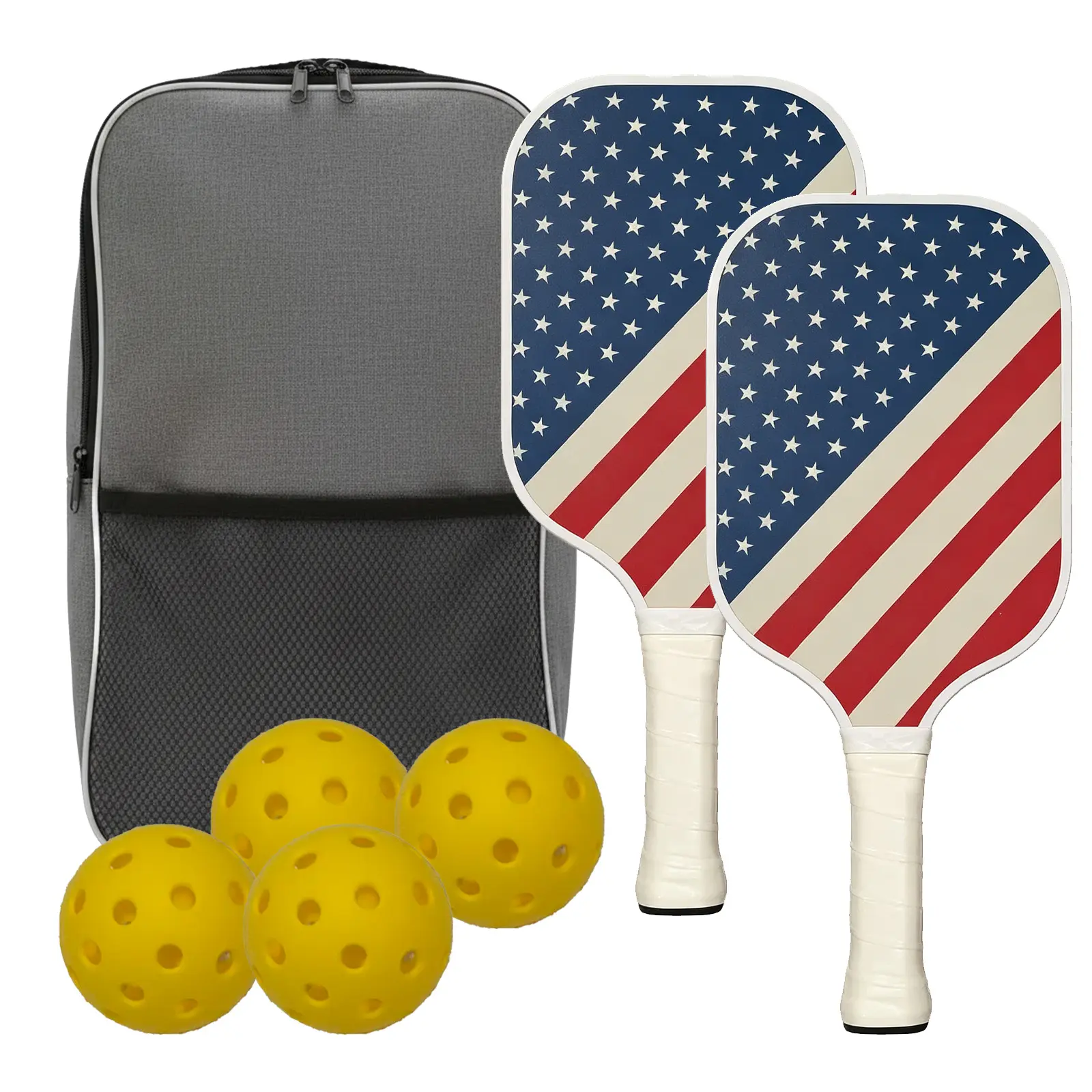 American Flag Pickleball Set - 2 Lightweight Pickleball Paddles, 4 Yellow Pickleball Balls and 1 Backpack Carry Case, Durable Pickleball Equipment Rackets Kit for Adults Kids Outdoor Indoor Game