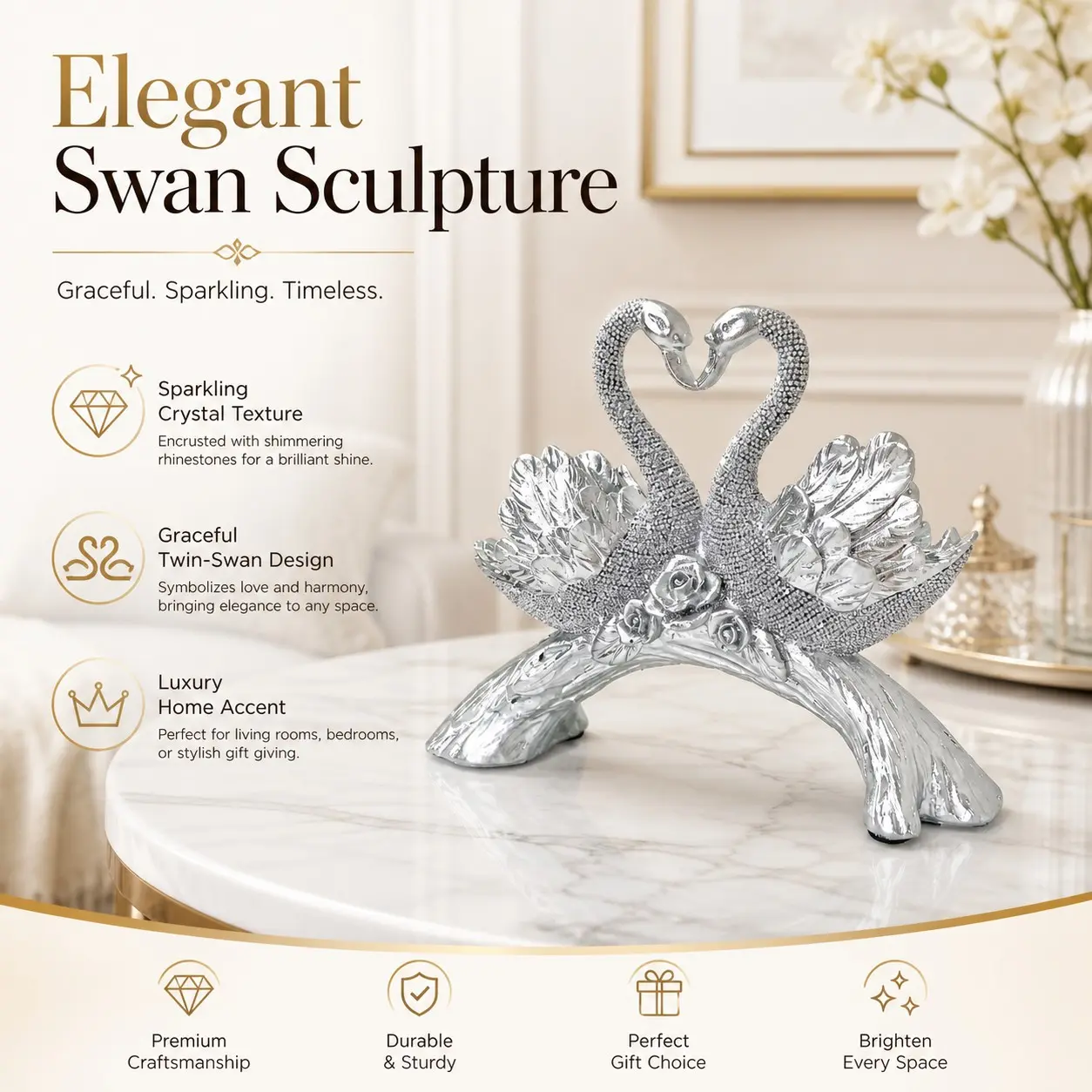 Elegant Resin Pearl Couple Swan Sculpture, Handmade Decorative Statue, Resin Ornament, Decor Figurine Ornaments, Decoration Figure, Ideal for Home and Office, Living Room, Bedroom, Kitchen, Desk, Bookshelf, Resin Animal Sculptures