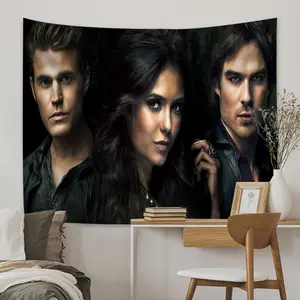 The Vampire Diaries Tapestry, Stefan Elena Damon Character Poster Wall Hanging, Vampire Drama Decor for Bedroom Living Room