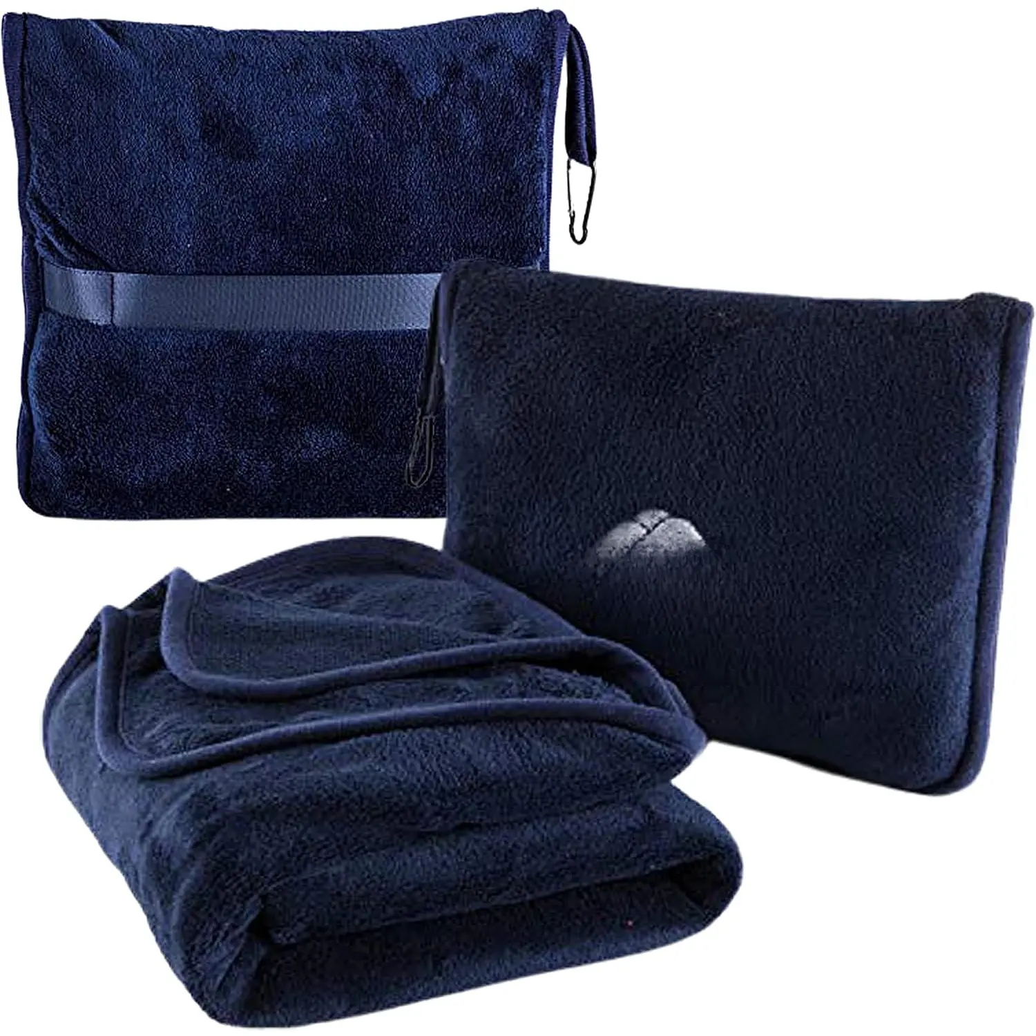 Soft Travel Blanket Pillow Airplane Blanket Packed in Soft Bag Pillowcase with Hand Luggage Belt Compact Pack Large Long Flight Essentials Portable Navy Blue T002