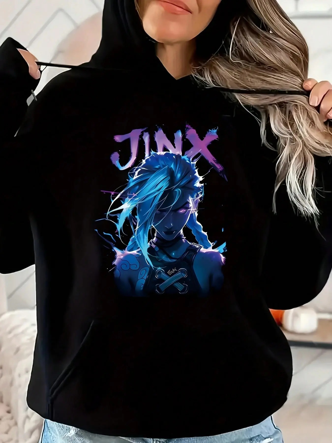Women's "Jinx" Arcane Printed Art Hoodie Sweatshirt - Soft Fabric, Fashion Fit, S-3XL Sizes (Incl 2XL, No Exclusions), Casual Black Longsleeve Pullover, Ideal for Arcane Fans, Pairable with Joggers, Pull On, All Day Wear, Casual Hoodies & Sweatshirts