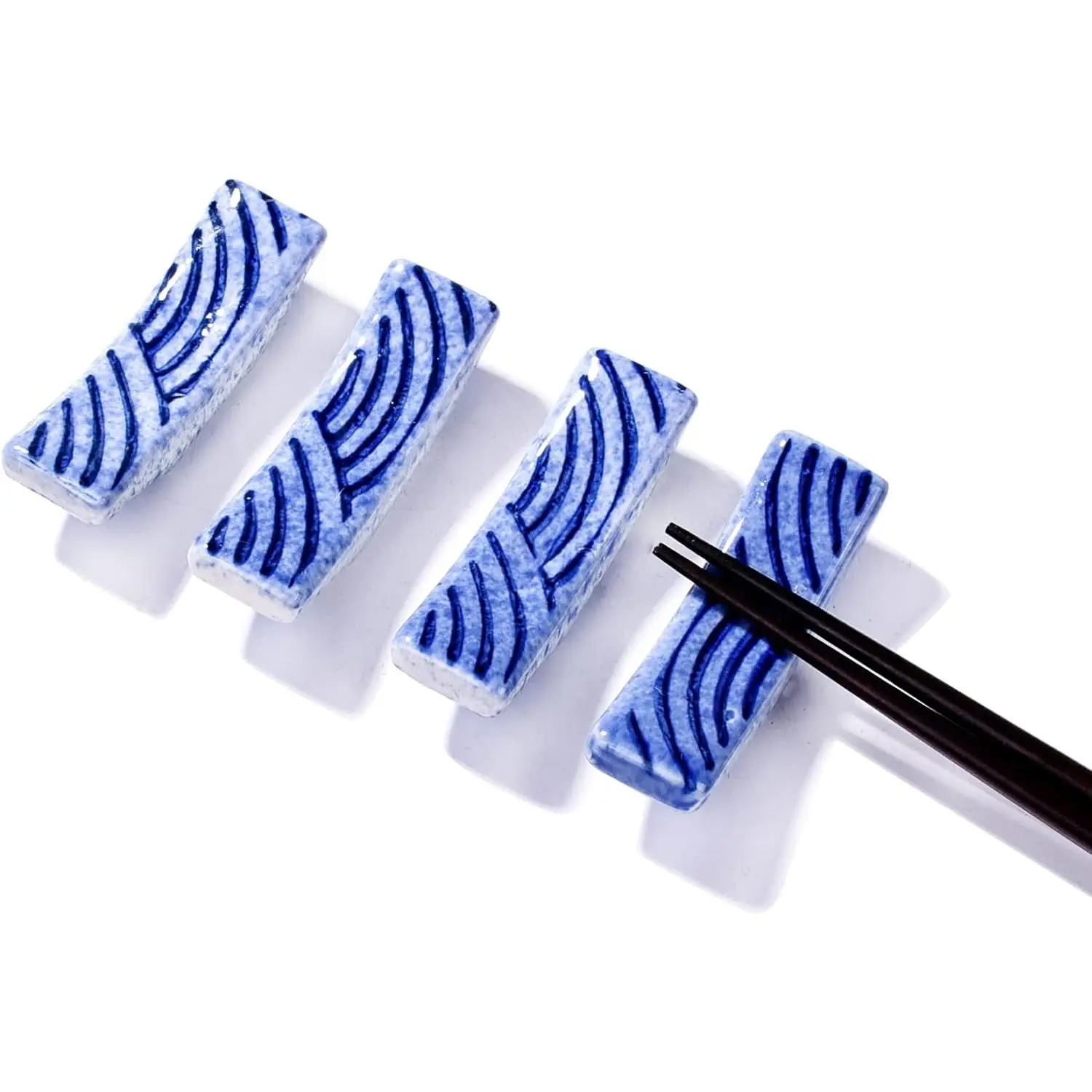 4-Piece Japanese Blue Ceramic Tableware Holders, 2.8" Traditional Wave Motif, Chopstick/Spoon/Fork Rest for Sushi & Hot Pot, Decorative Cutlery Stand for Home