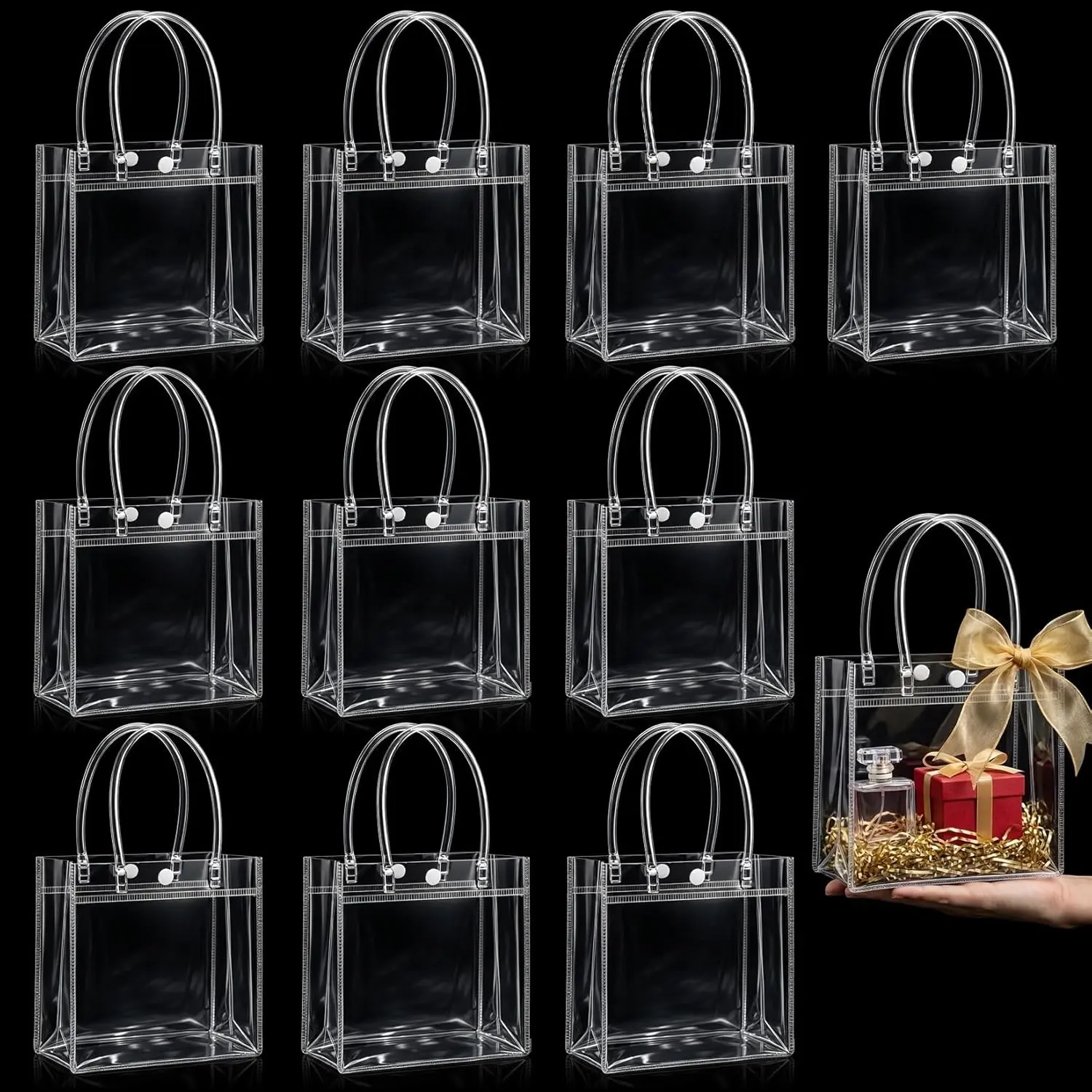 Clear Gift Bags with Handles - Party Favor Candy Bags Transparent | 10 Plastic Goodie Bags, bolsitas for Valentines, Mother's Day, Christmas, Baby Shower, Wedding, Birthday, Mini 5.9'' x 6.3''
