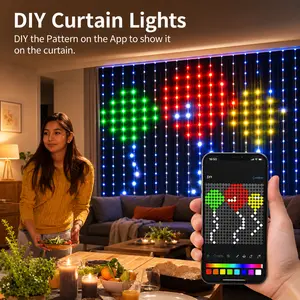 Smart RGB light curtain, 400 LED color‑changing wall lights, equipped with app and remote control functions, DIY dynamic image pixel curtain string lights, music sync feature, timer, USB‑powered ambient lighting, suitable for bedrooms, living rooms, party