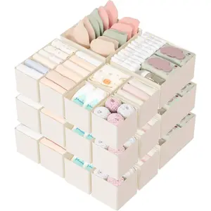 18-Piece Drawer Organizer Set, Foldable Dresser Organizer & Drawer Dividers for Baby Clothes Underwear Socks, Foldable Closet Storage for Nursery (Beige)