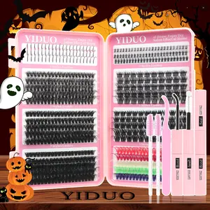 YIDUO 8 Styles Fluffy Lash Clusters Lashes book Kit With Halloween Colored Eyelashes 645pcs Eyelash Extensions 5-18mm Volume/ Mega/ Full+40D+60D+80D and Bottom eyelash with Lash Adhesive & Sealer & Lash Tweezers DIY at Home Easily