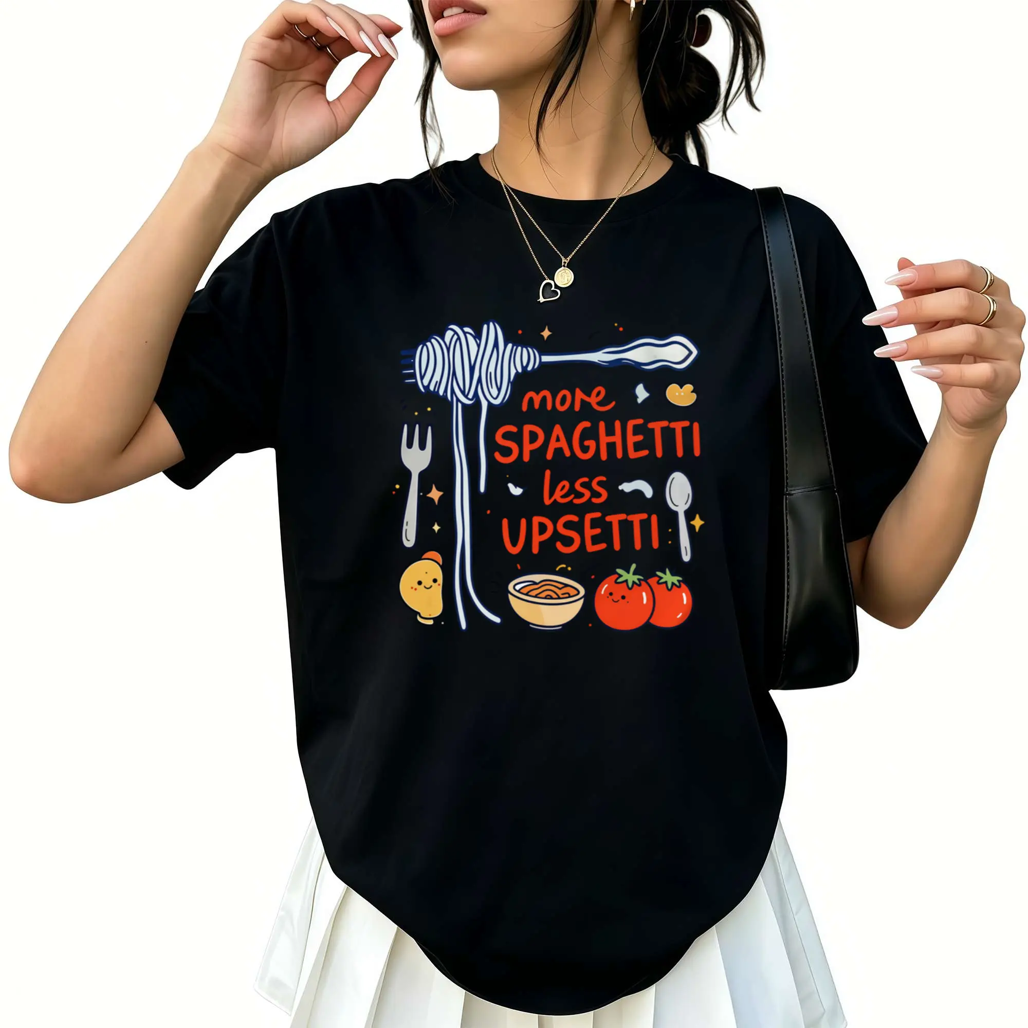 One 100% Comfortable And Soft T-shirt, Spring Summer Womens Clothing, More Spaghetti Less Upsetti Pasta Food Quote, Popular Printed with Fun Prints
