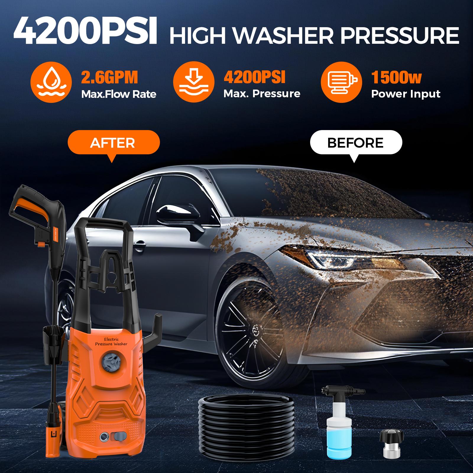 Electric Pressure Washer - 4200PSI Max, 2.6GPM, 1500W Power, with Foam Cannon, Adjustable Nozzle, Compact & Portable Design for Cars, Driveways, Patios, Fences & Outdoor Cleaning