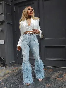 New D8711 Fashion Casual Denim Jeans with Beads and Long Hair Design, Trendy European and American Style Jeans for Men and Women