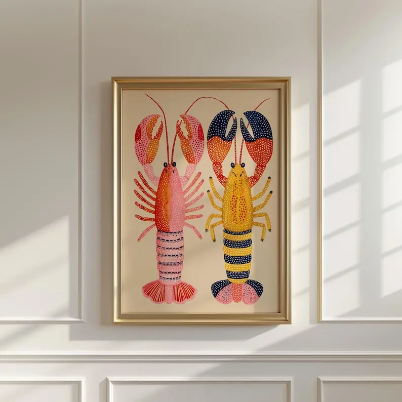 Colorful Lobster Wall Art Poster, Coastal Kitchen Decor, Nautical Seafood Art Print, Retro Lobster Illustration for Beach House Dining Room
