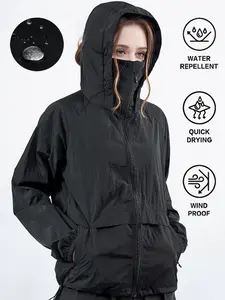 Women's Summer Lightweight Foldable Hooded Sun Protection Jacket, Nylon Breathable Skin Outerwear, Zipper Pockets, Outdoor Sports & Beach Shirt, Athlete Jackets