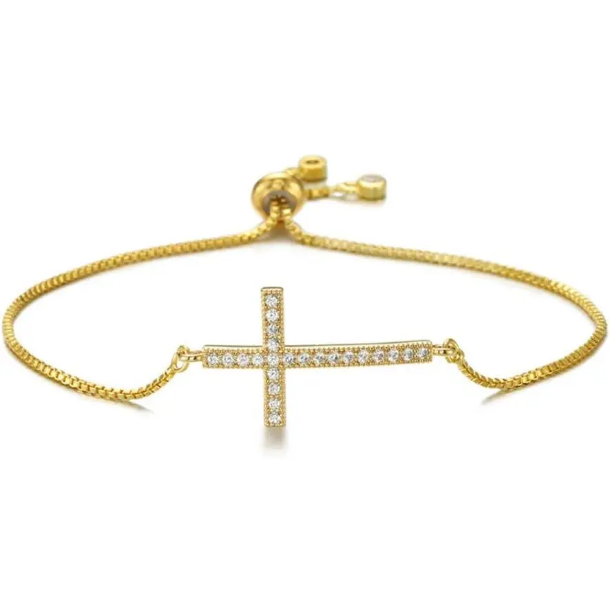 Classic Design AAA+ Cubic Zirconia Cross Charm Bracelets for Women Girl Adjustable Copper Chain Bracelet & Bangle Christian  Baptism
