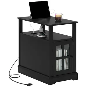 HOMCOM End Table with Charging Station, Narrow Side Table with USB Ports and Outlets, Small Table with Hidden Storage and Open Shelf for Living Room, Black