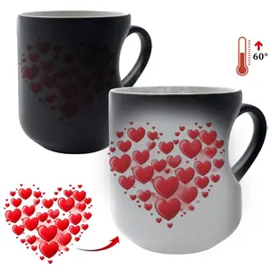 Heart-Shaped Magic Color Changing Ceramic Coffee Mug with Black Heart Design - Thermosensitive from Hot to Cold Drinks, Perfect Mother'S Day or Holiday Gift, White with Red Hearts, Reusable, Hand Wash Only